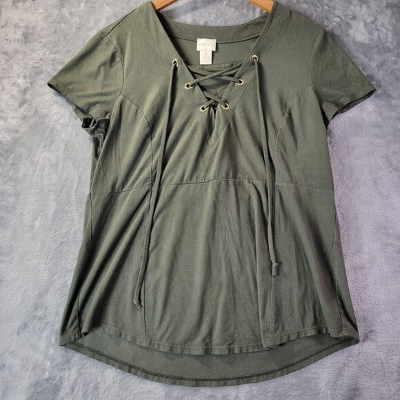 Chico’s Womens‎ Lace Up Tunic Top 1 (M/8) Green Casual Everyday Stretch Vibe - Picture 1 of 10